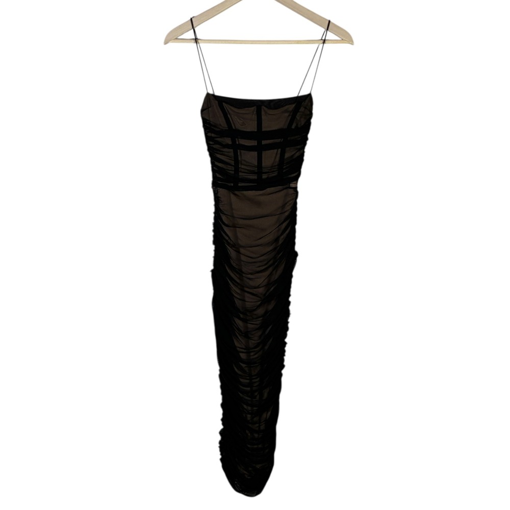 Nookie Mecca Midi Dress Black Nude Sheer Ruched Sexy Date Night Cocktail Size S - Picture 2 of 7